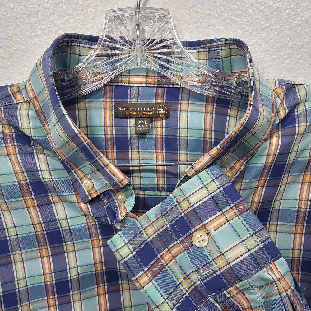 Peter Millar Shirt Mens 2XL Blue Plaid Summer Comfort Button Down Long Sleeve